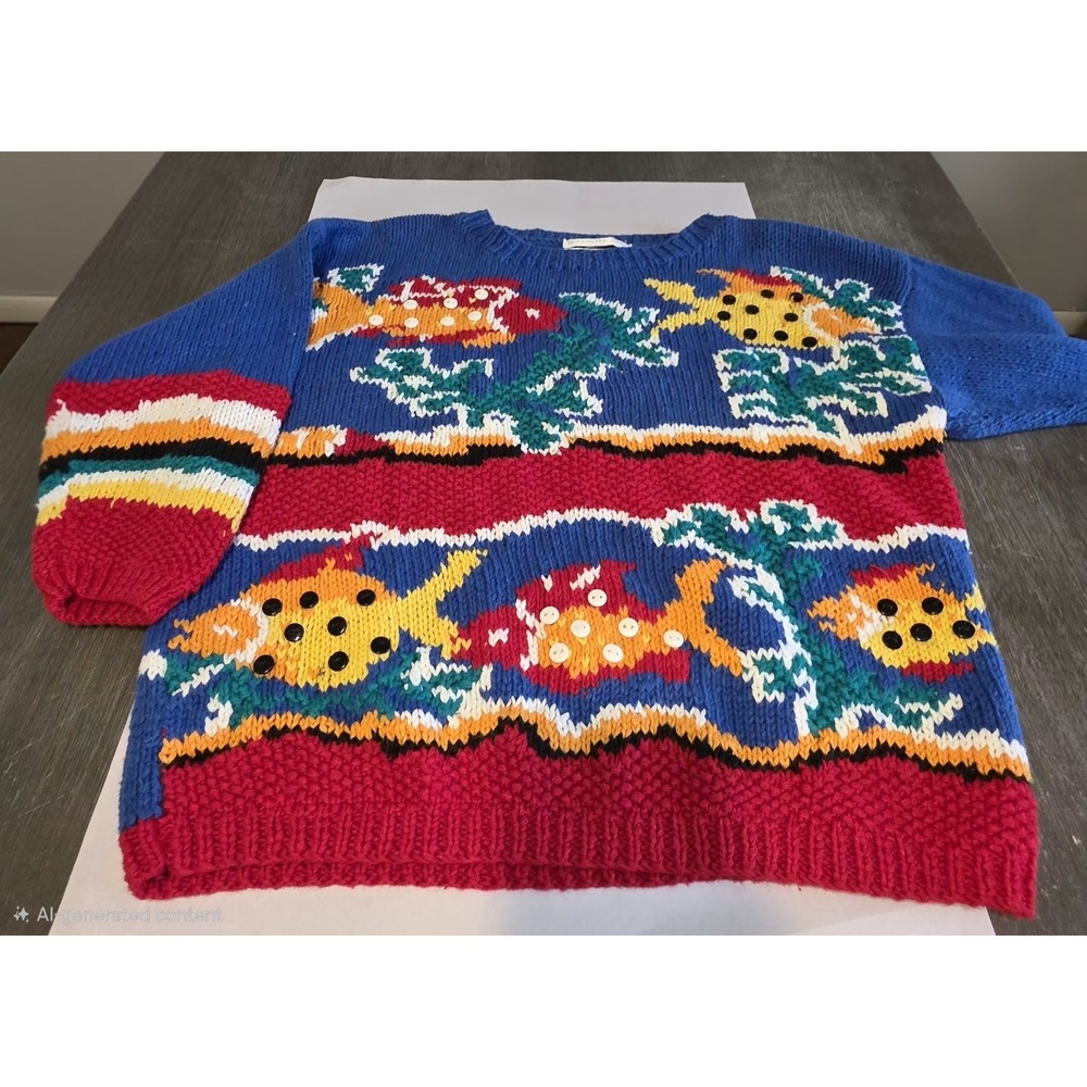 Vtg Jennifer Reed Hand‎ Made Vibrant Fish Sweater Beach Sweater Colorful P